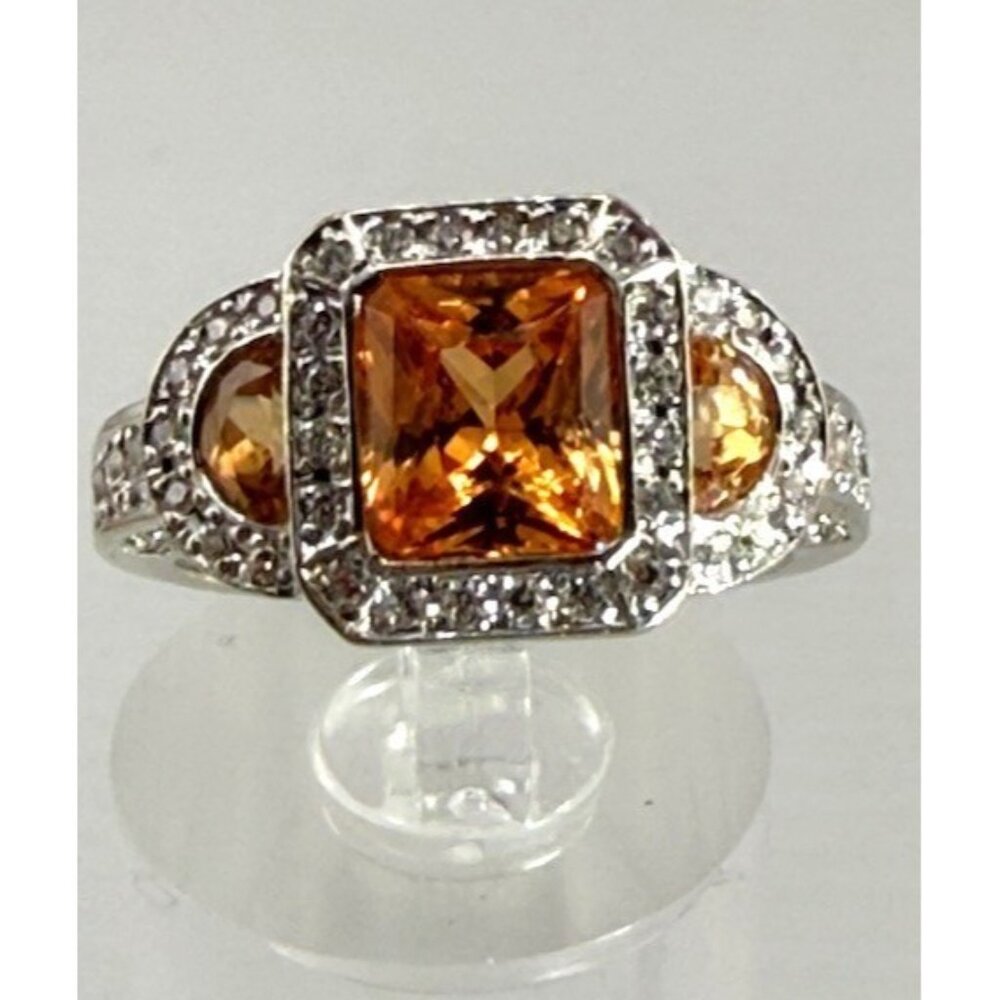 14K White Gold Spessartine Garnet ring w/Diamonds - Size 6
